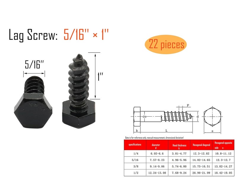 LBY 22pcs Lag Screws, 5/16" x 1" Hex Head Lag Screws Bolts (with Washers), Heavy-Duty Wood Screws for Decking & Structural Fastening, 304 Stainless Steel, (Black) - Image 3
